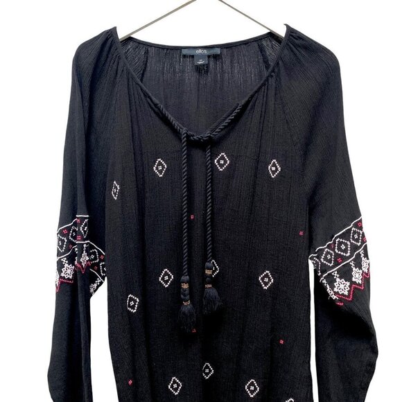 ELLOS Boho Top Plus Size 1X Black Cotton Crinkle Gauze Peasant Tunic - Picture 2 of 10